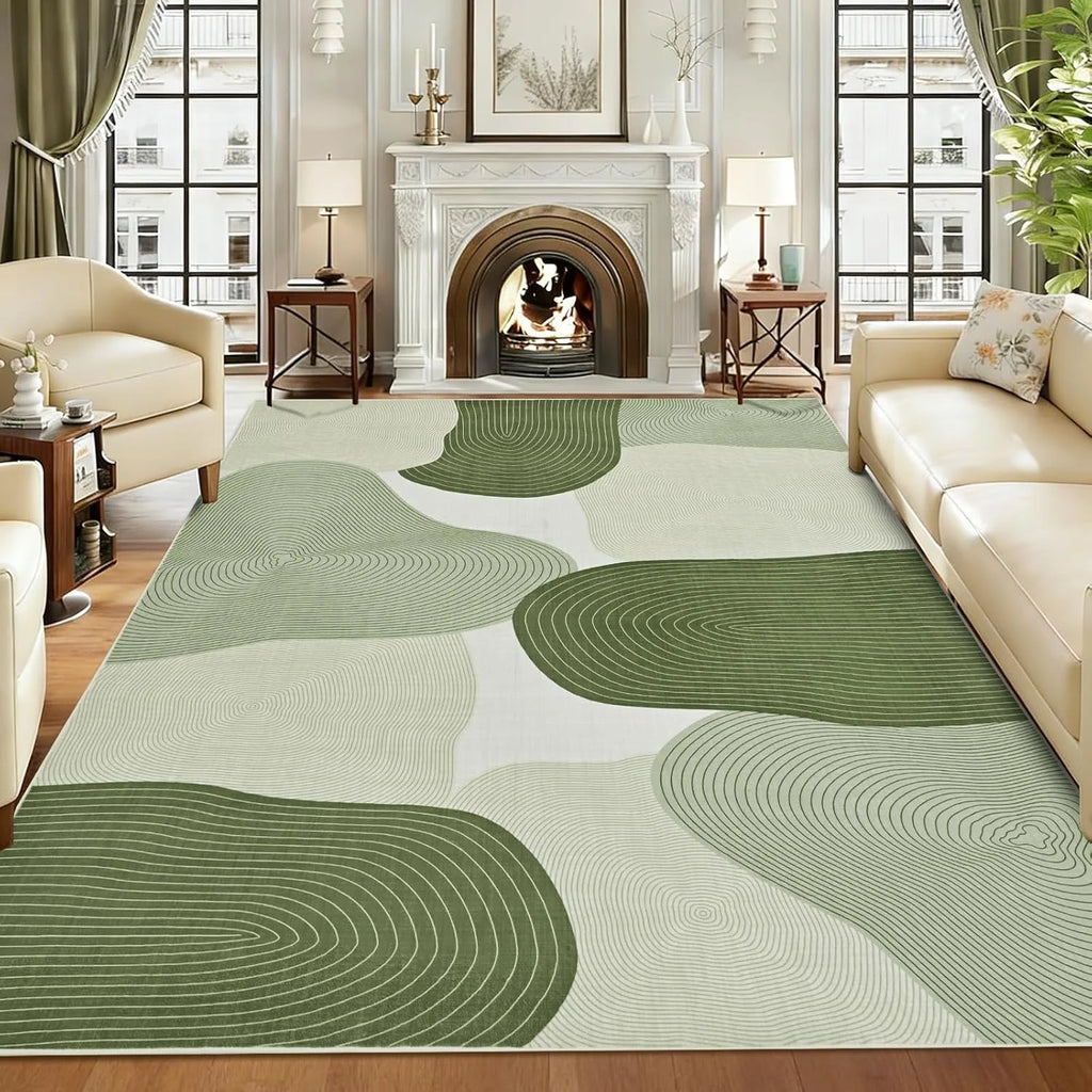Modern Abstract Area Rug – Sage Green Non-Slip Washable Mat