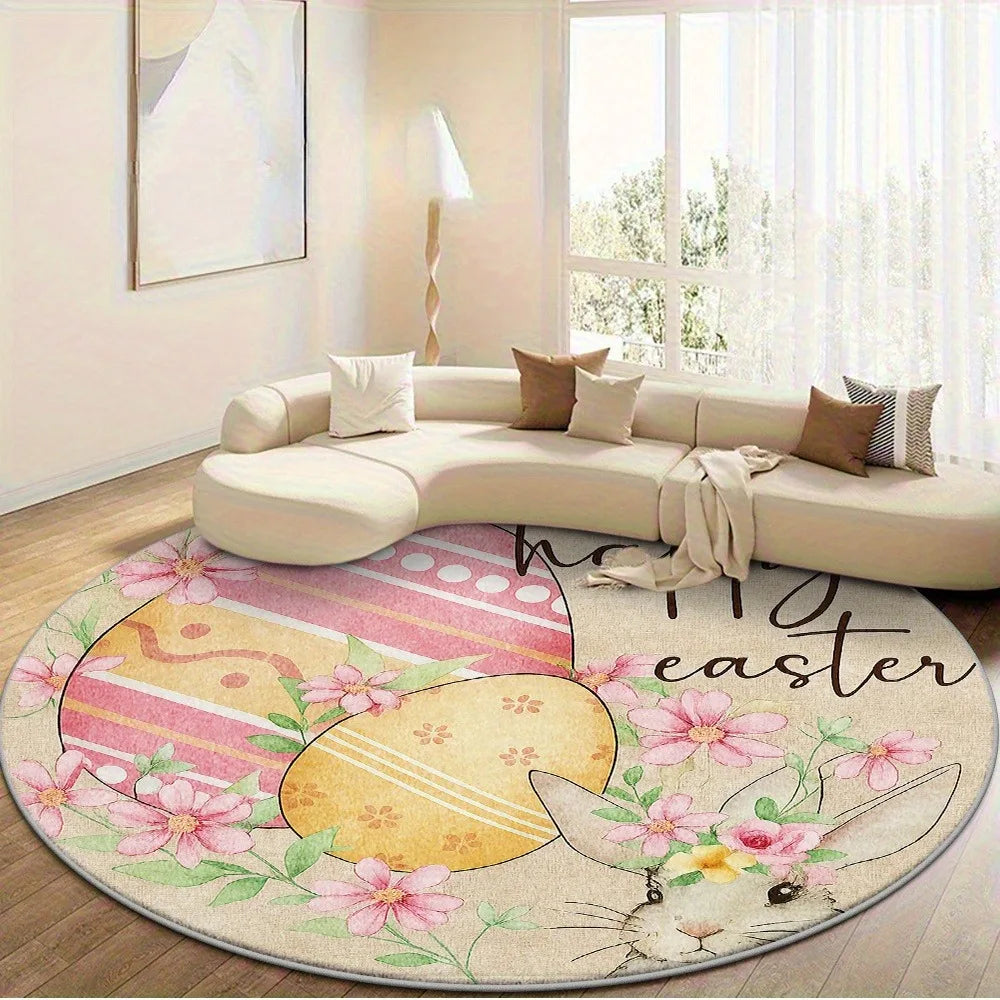 Easter Bunny Round Area Rug – Floral Rabbit Print Carpet