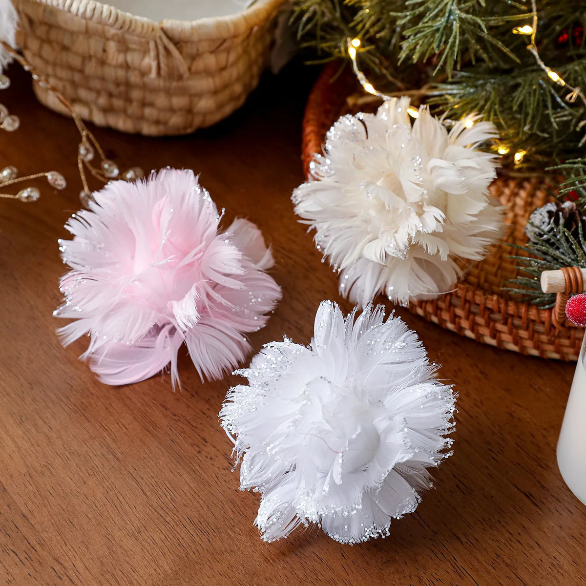 Pink White Feather Petal Glitter Christmas Foam Ball Ornament