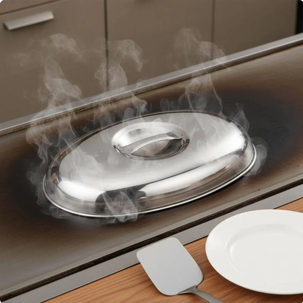 Round Stainless Steel Teppanyaki Cover – Heat Retention Lid
