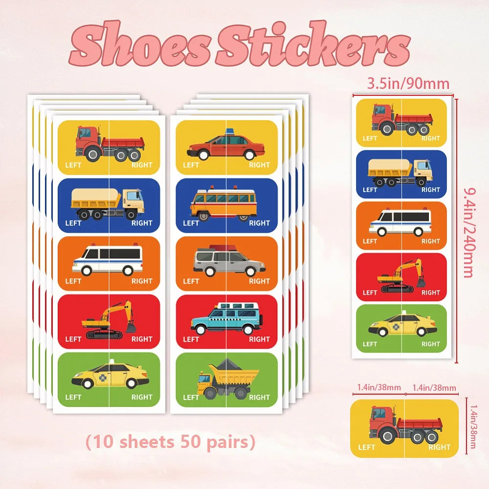 Left Right Shoe Stickers for Kids – 100pcs Car Pattern Labels