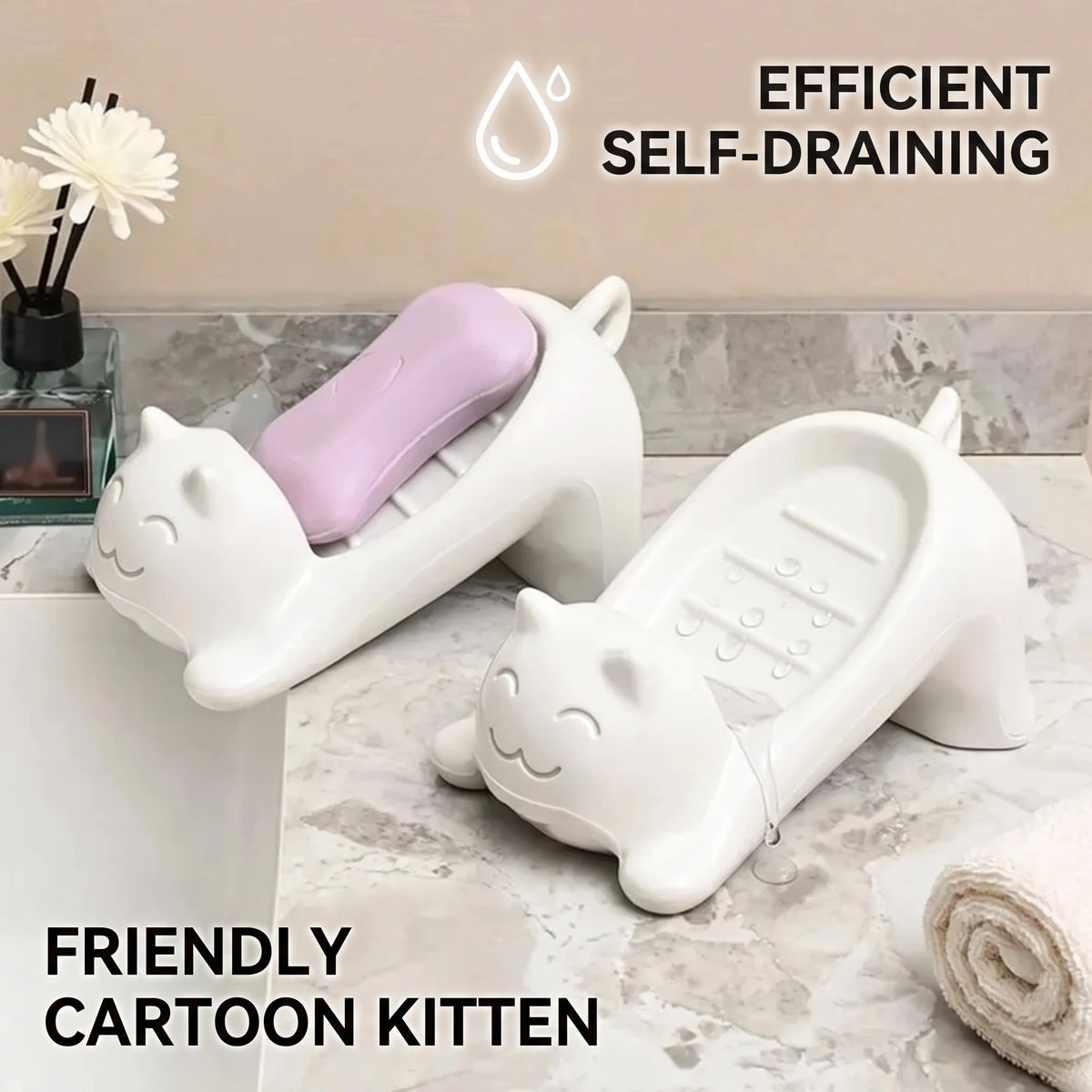 Cat Shaped Self-Draining Soap Tray | Bathroom Kitchen Holder
