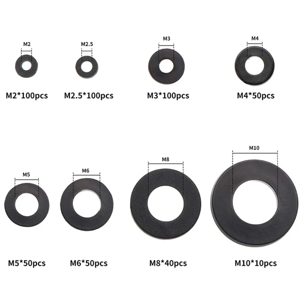 500pcs Nylon Flat Washer Set – 8 Sizes M2–M10 Assortment