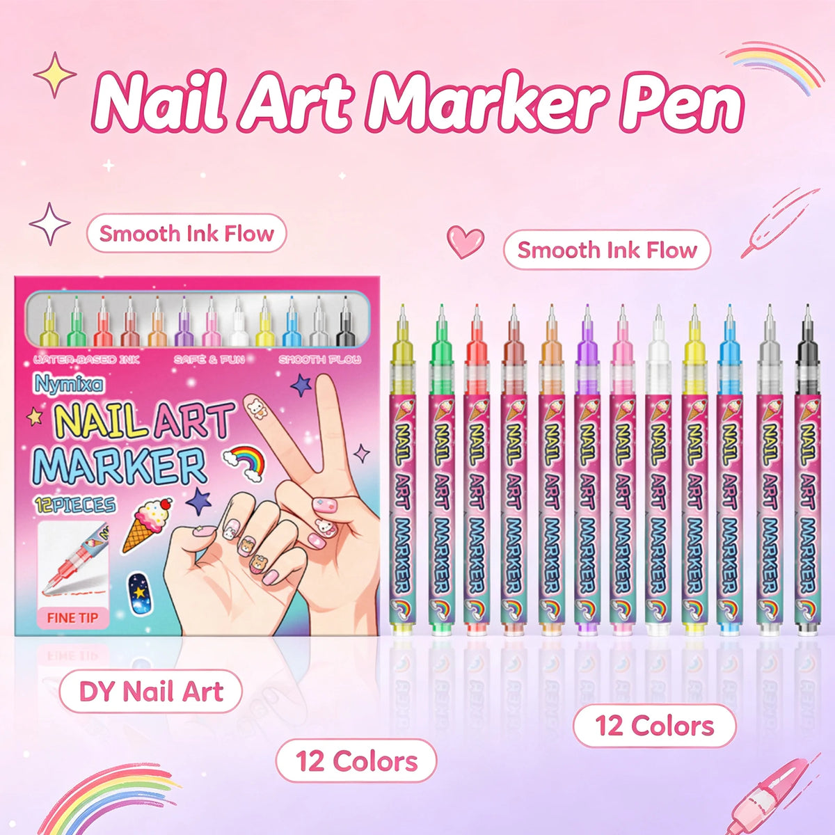 Nymixa 12-Color Nail Art Marker Pen Set – Fine Tip Quick Dry