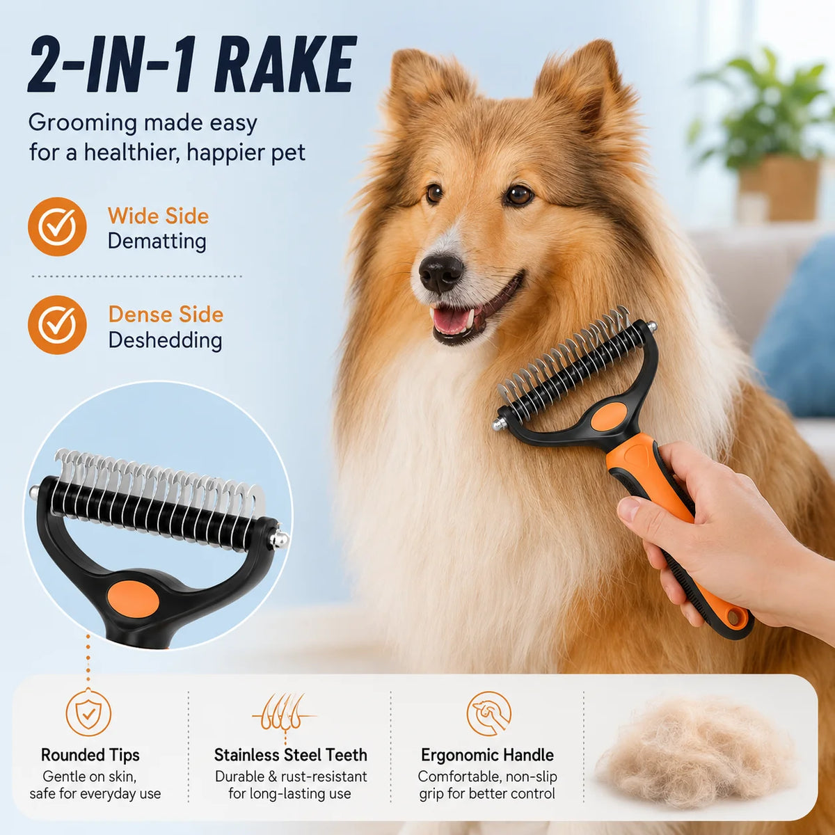 2-in-1 Pet Grooming Rake – Dematting & Deshedding Tool