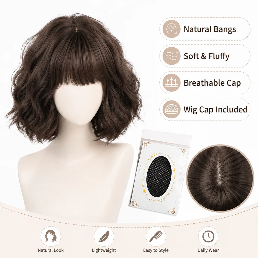 Short Wavy Bob Wig with Bangs – Synthetic Natural Scalp