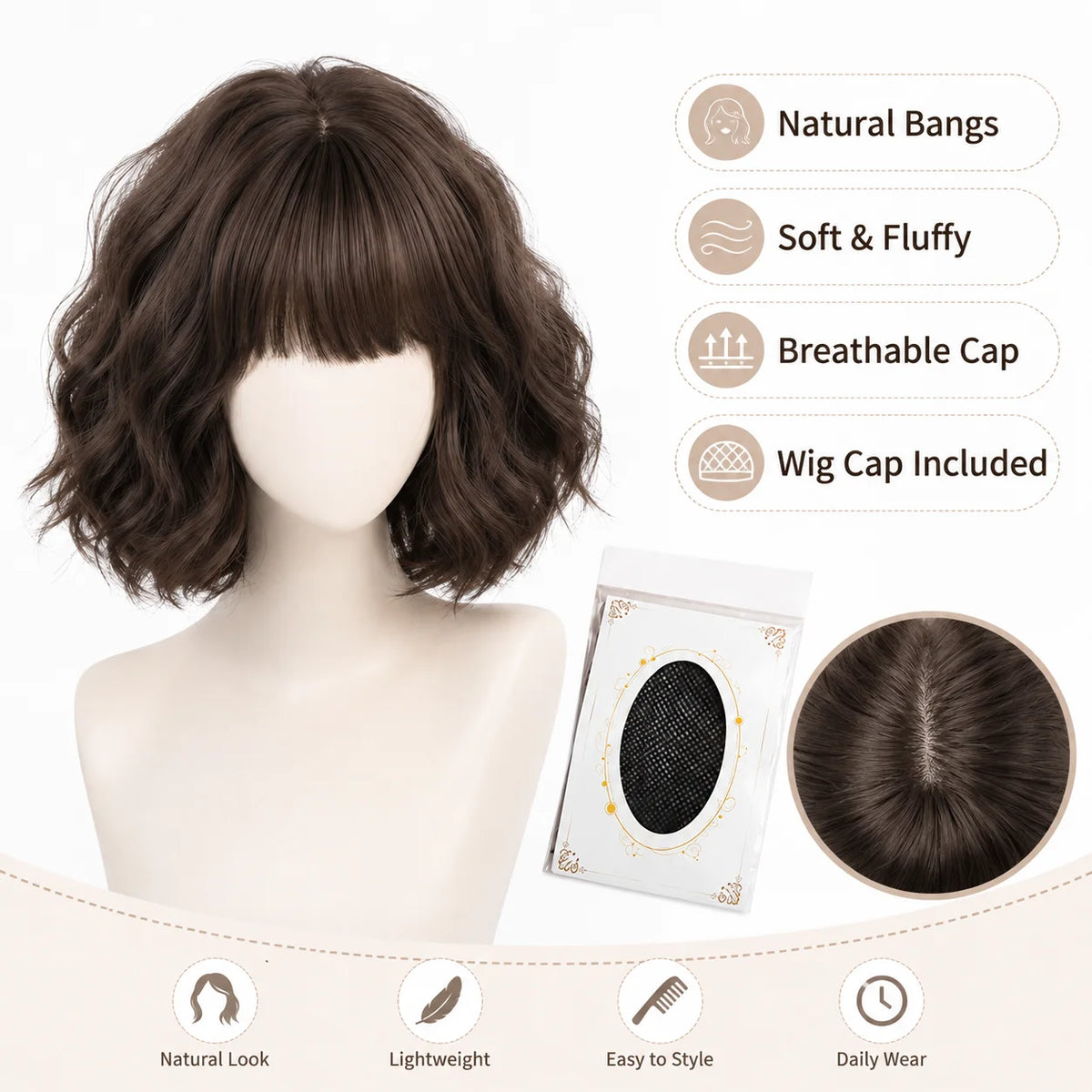 Short Wavy Bob Wig with Bangs – Synthetic Natural Scalp