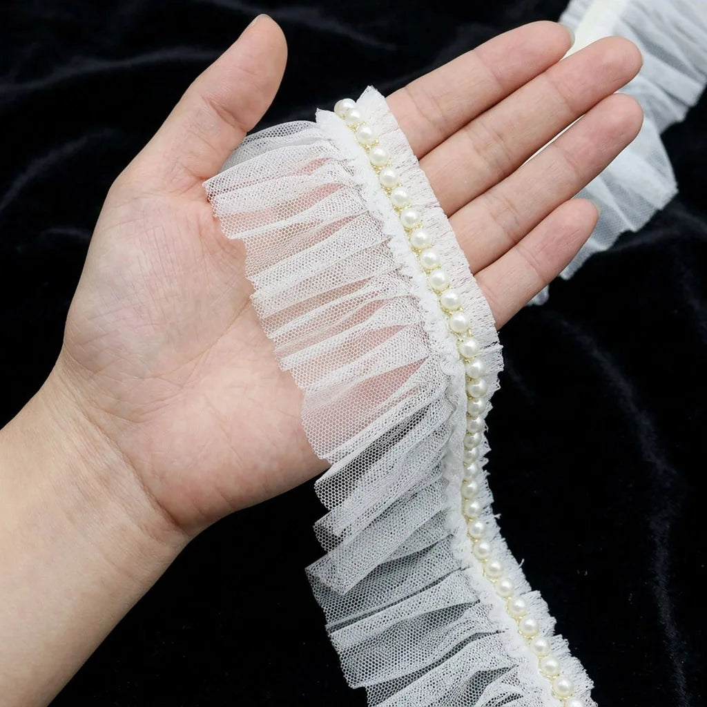 6cm Pearl Pleated Mesh Lace Trim – 1 Yard DIY Sewing