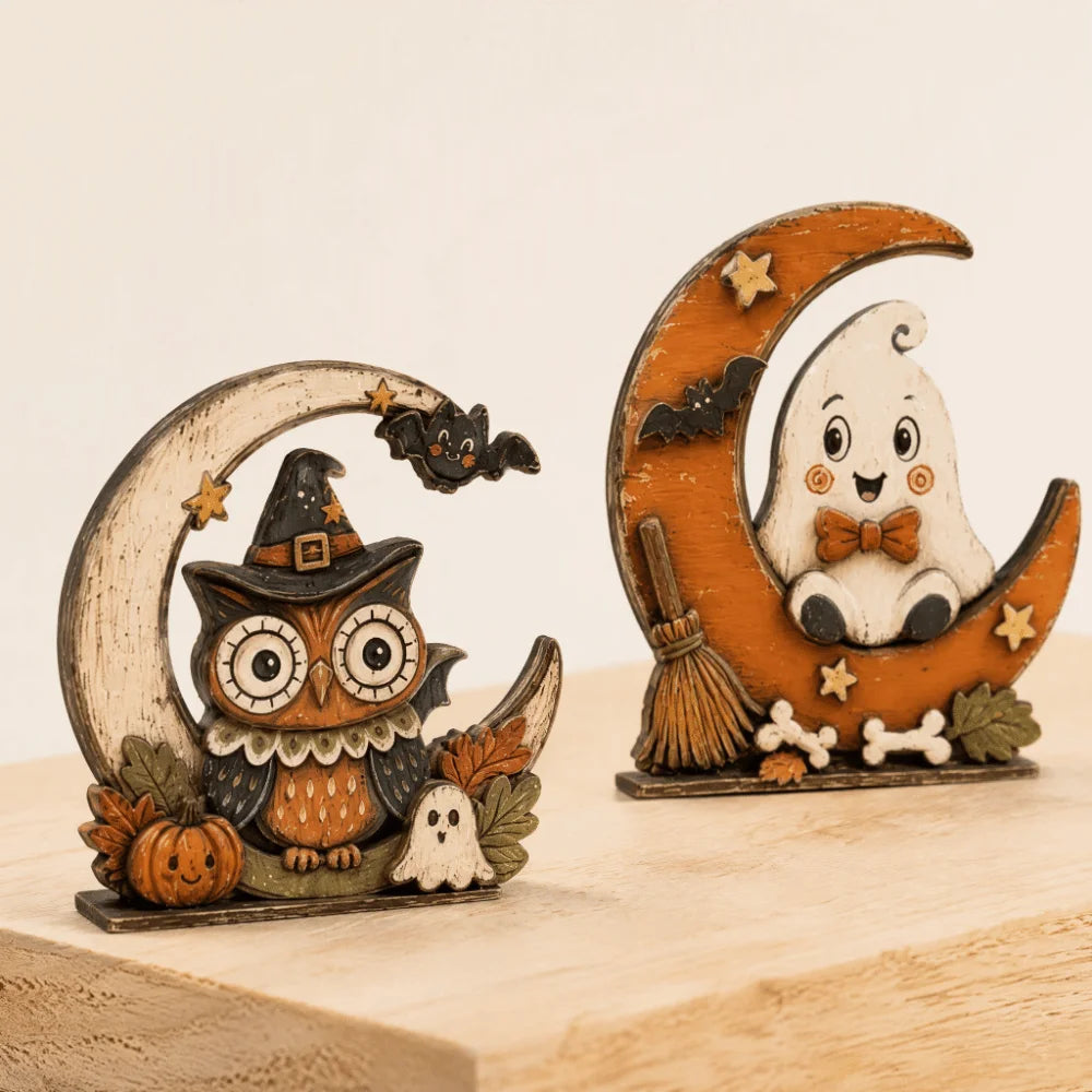 Halloween Wooden Tabletop Signs – Ghost, Pumpkin, Owl & Cat