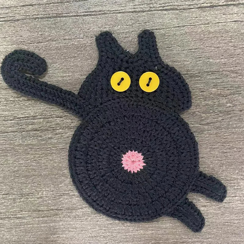 Handmade Crochet Cat Coaster – Knitted Felt Mug Pad Gift