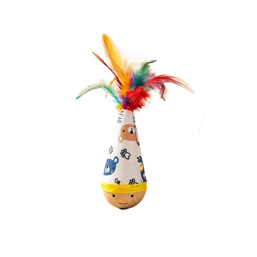 Interactive Cat Tumbler Wobbler Toy – Feather & Wooden Base