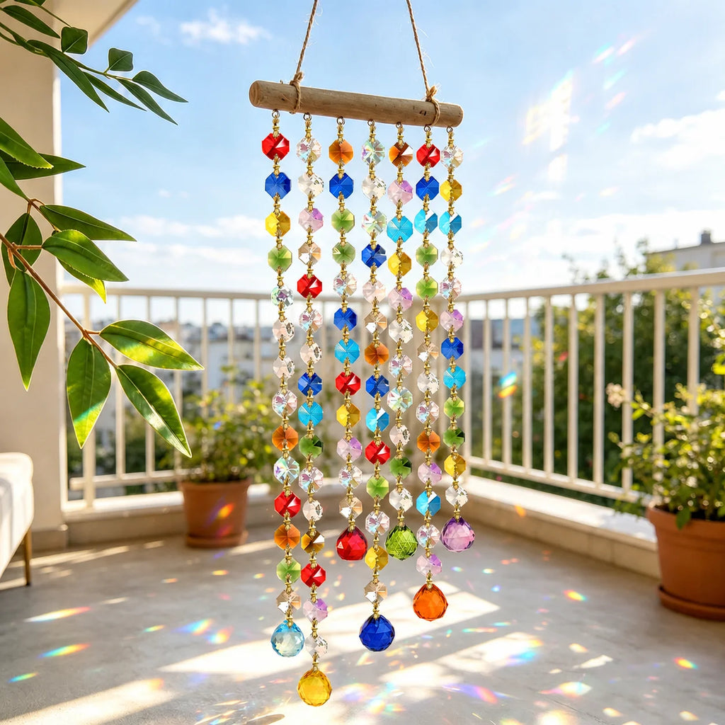 Crystal Bead Wooden Sun Catcher Rainbow Wind Chime Decor
