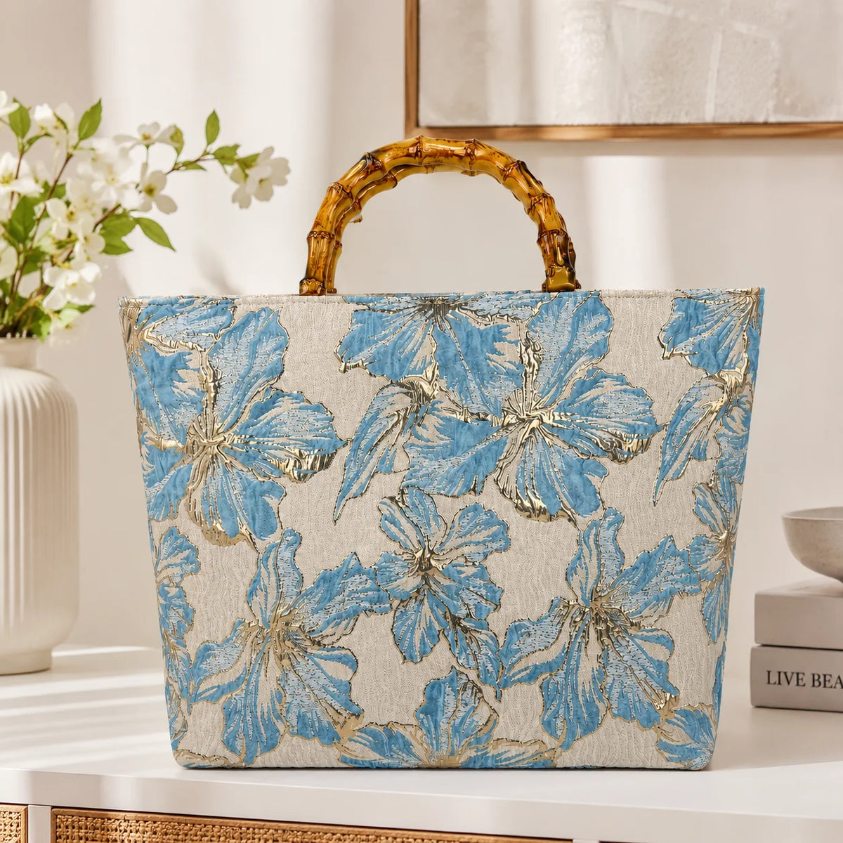 Women's Floral Tote Bag – Bamboo Handle Beach Shoulder Bag
