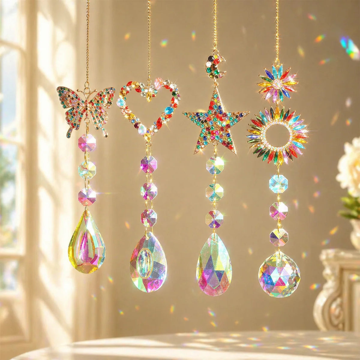 Crystal Suncatcher Set 4Pcs – Rainbow Window Hanging Ornaments