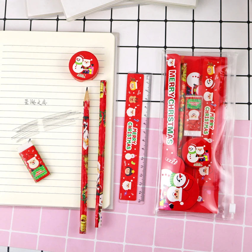 6-Piece Christmas Stationery Set – Pencil, Ruler, Eraser & Bag