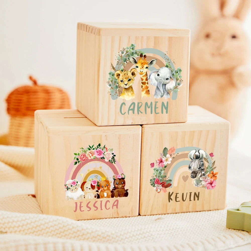 Personalized Wooden Coin Bank – Safari Animals Kids Gift