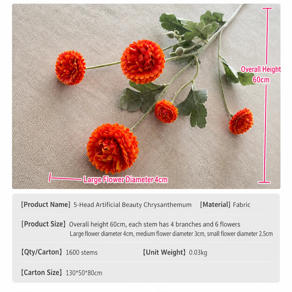 Bendable Artificial Chrysanthemum Stem | 5 Flocked Heads