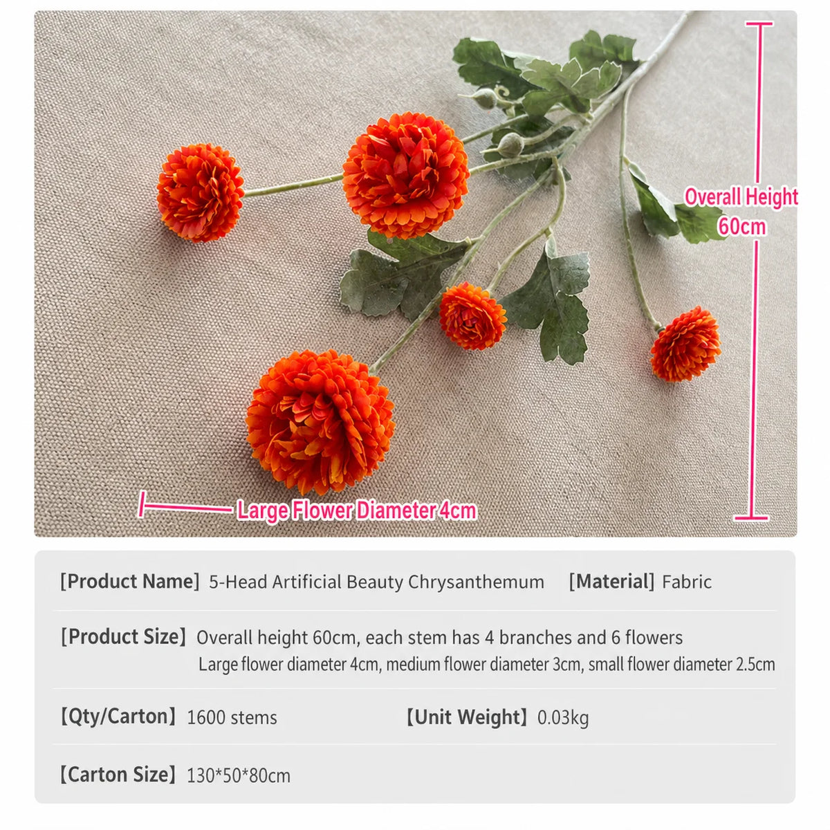 Bendable Artificial Chrysanthemum Stem | 5 Flocked Heads