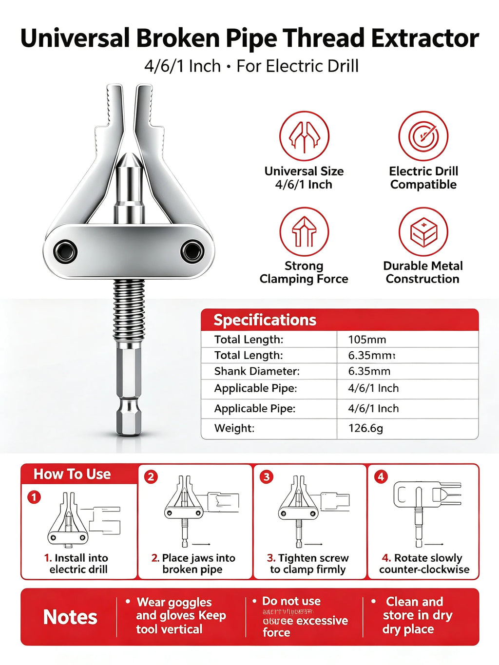 Broken Pipe Thread Extractor – Hex Shank Electric Drill Tool
