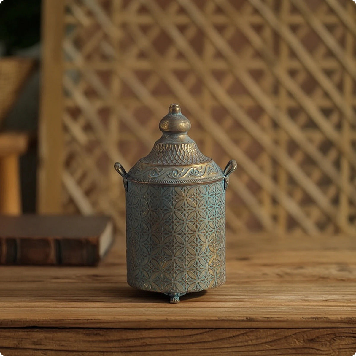 Patina Metal Lidded Vase with Handles | Sculptural Home Décor