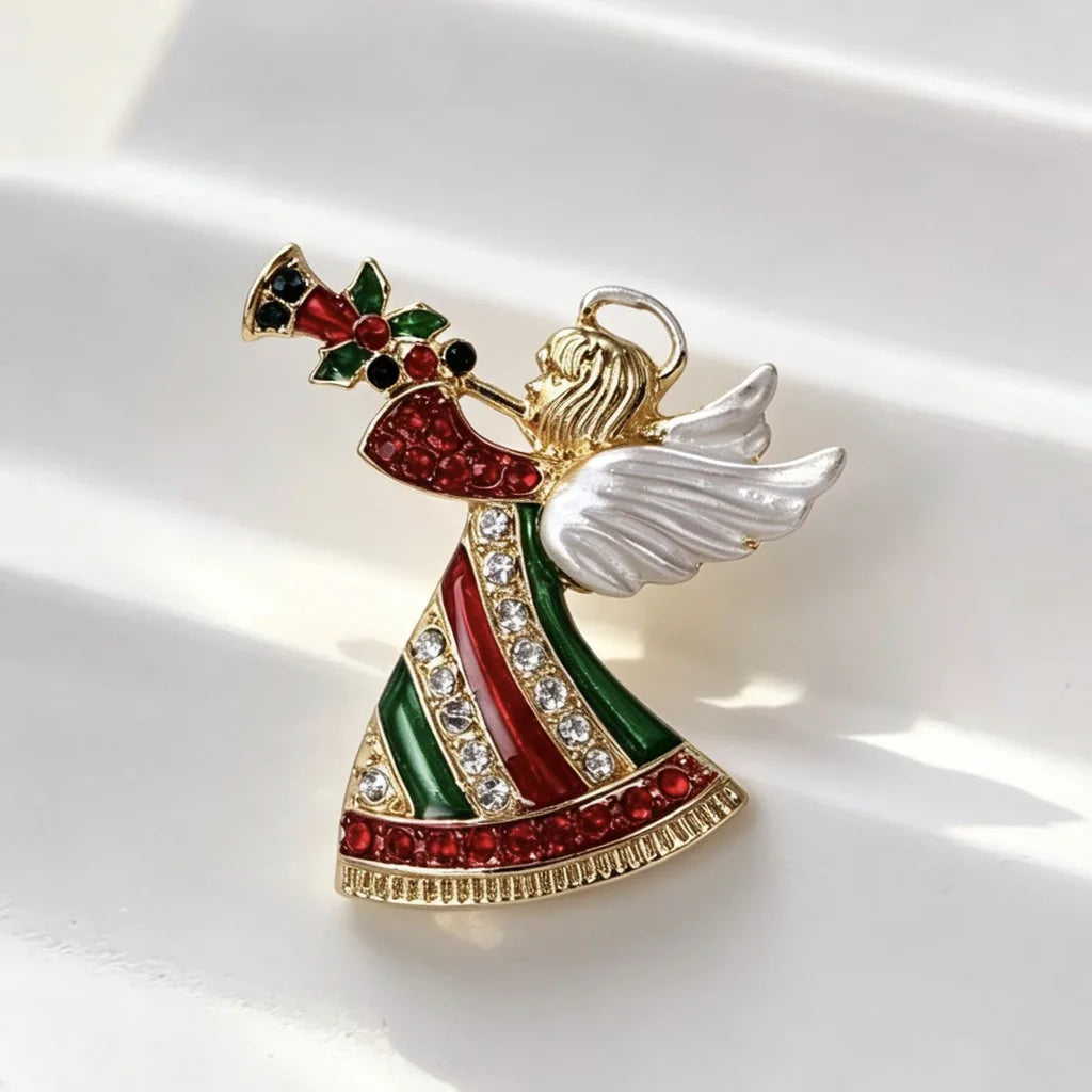 Angel Horn Rhinestone Christmas Brooch – Red & Green Holiday Pin