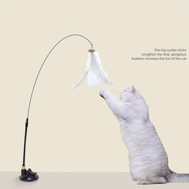 Suction Cup Cat Teaser Toy – Bell, Feather & Long Rod Wand