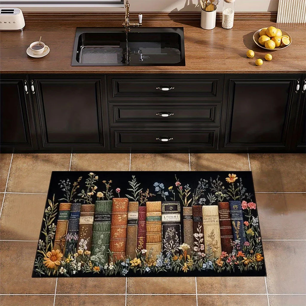 Vintage Library Floral Books Kitchen Runner Rug | Non-Slip Mat
