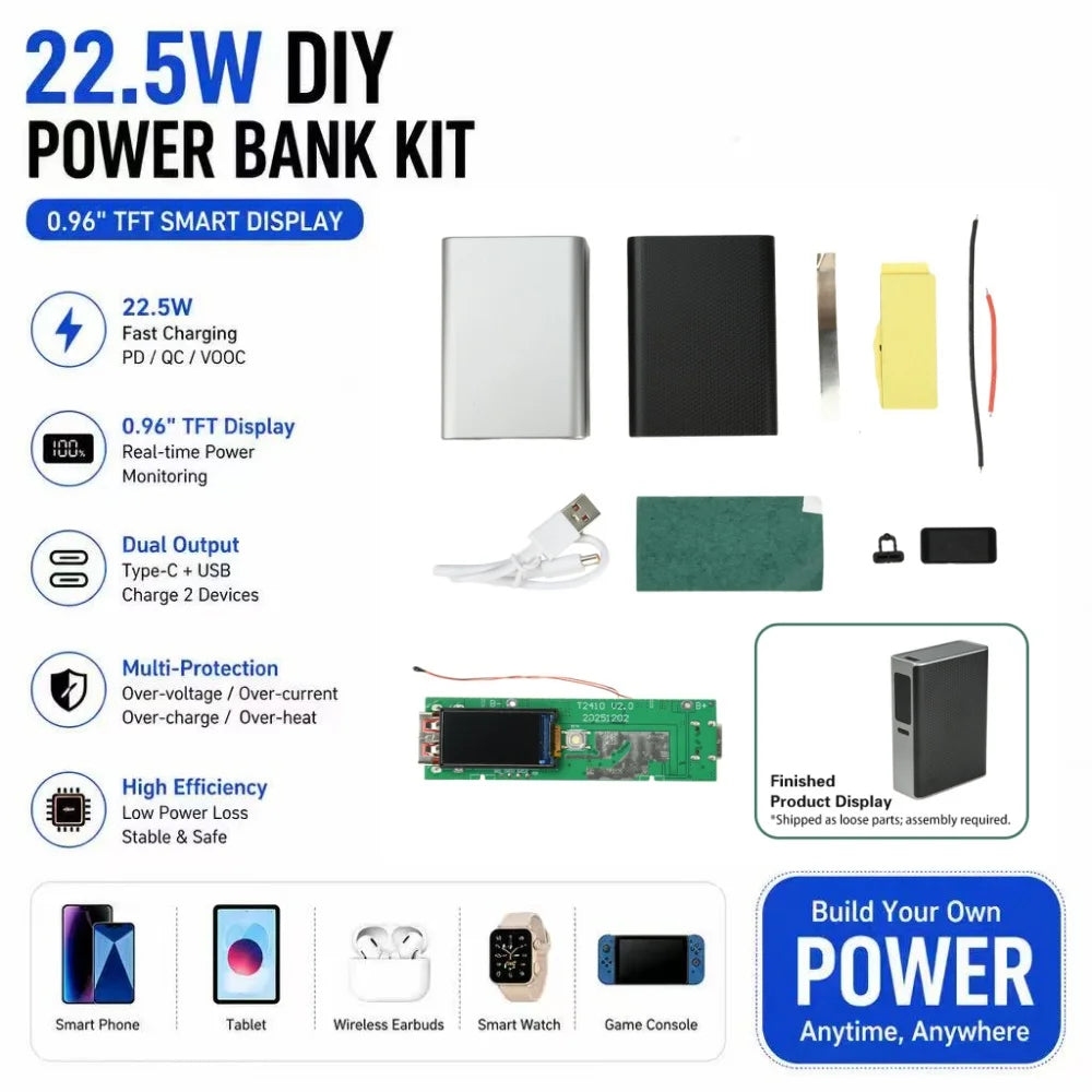 22.5W DIY Power Bank Kit – TFT Display, Type-C & USB Output