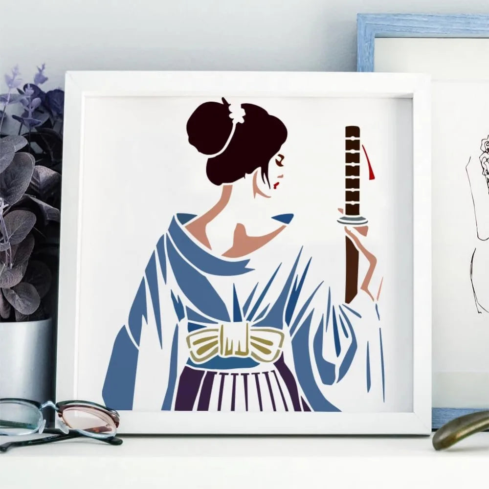 4-Piece Oriental Samurai Painting Stencil Set with Brush 11.8"