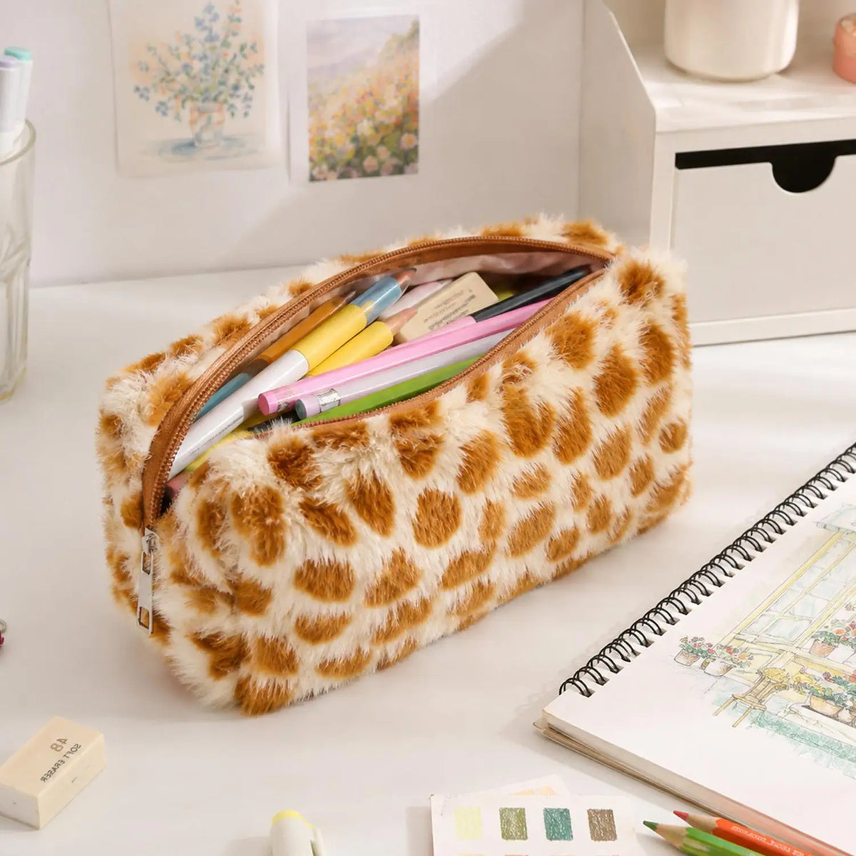 Large Capacity Plush Leopard Pencil Case & Cosmetic Pouch