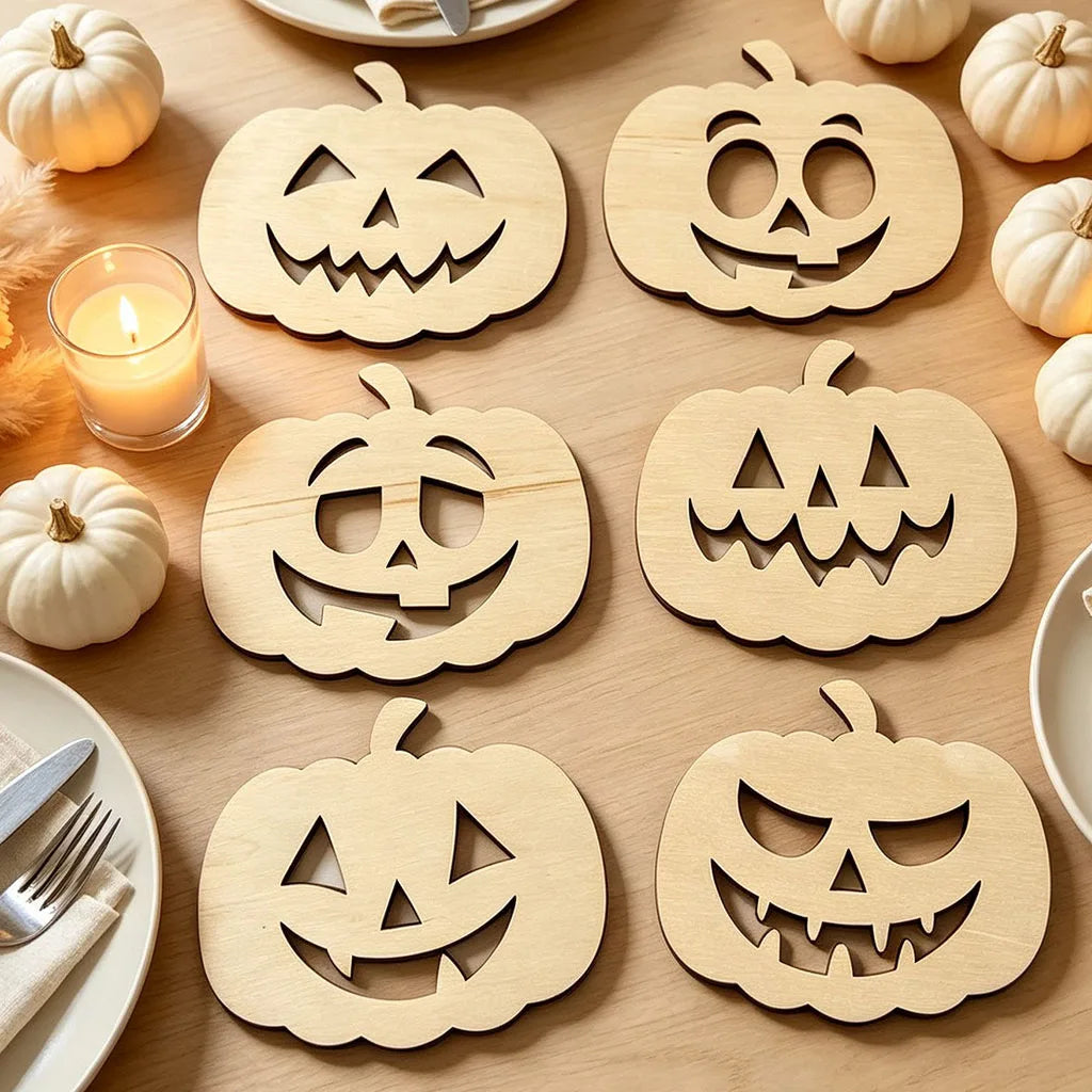 Halloween Wooden Pumpkin Hollow Pendants – 6-Piece Set