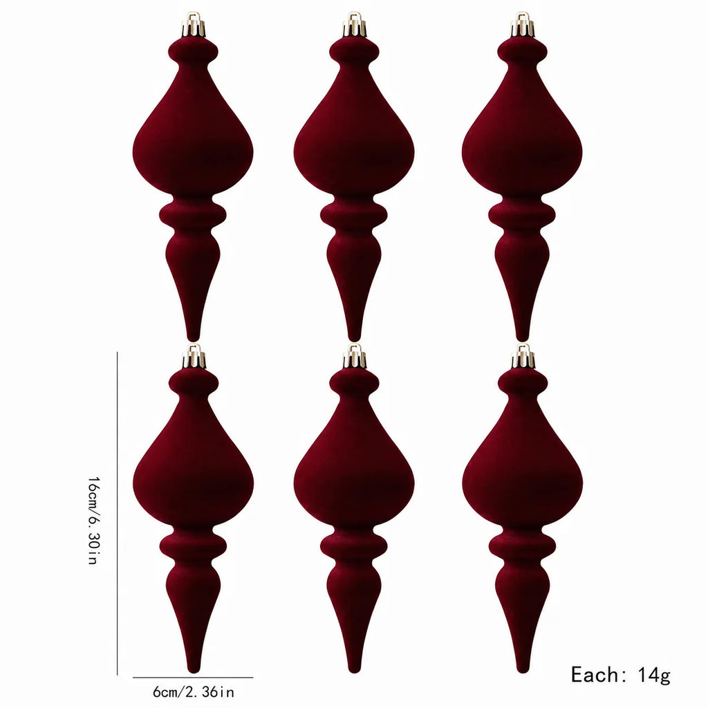Flocked Irregular Christmas Ornaments – 6-Piece Burgundy Set