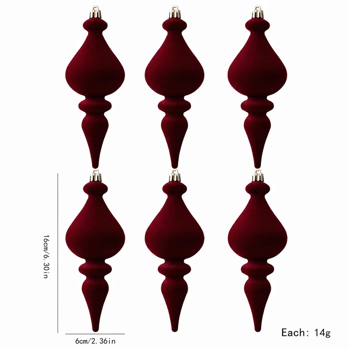 Flocked Irregular Christmas Ornaments – 6-Piece Burgundy Set