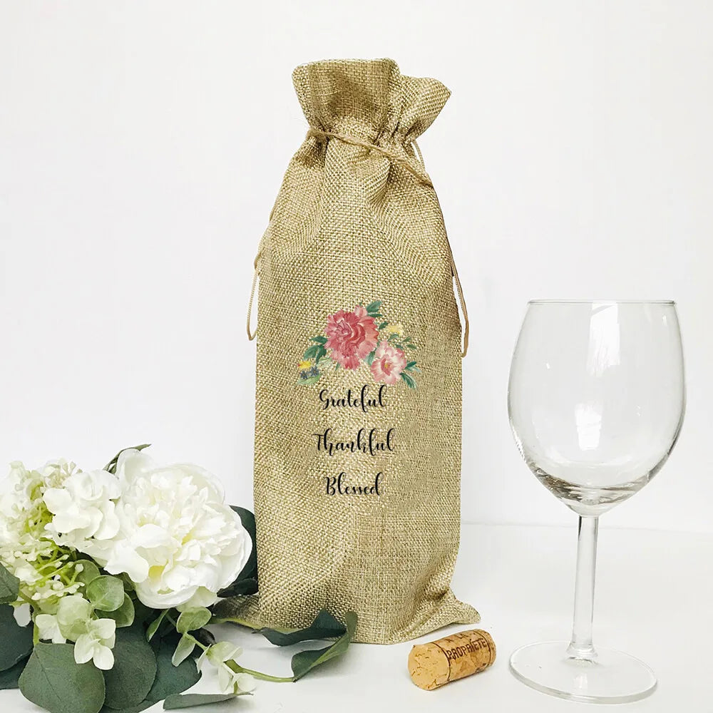 Thankful Grateful Blessed Burlap Wine Bottle Gift Bags