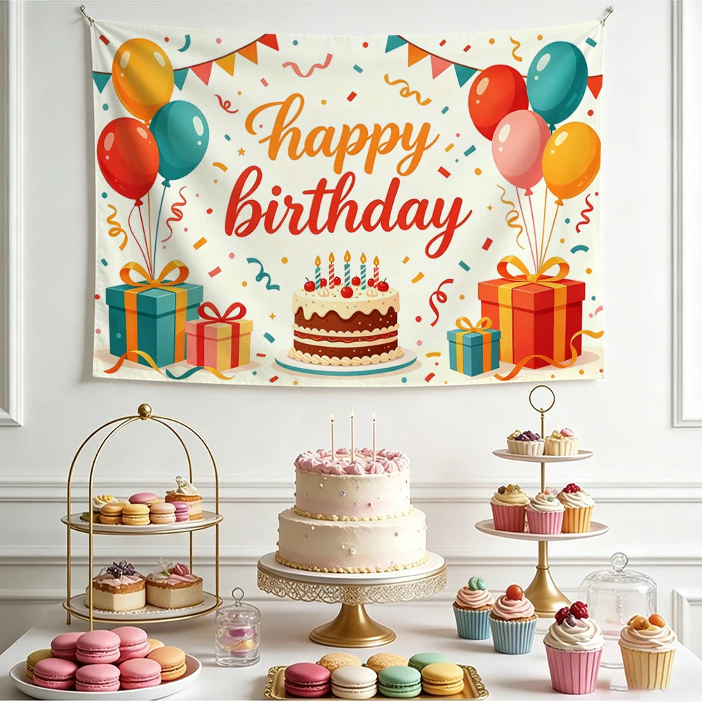 Happy Birthday Cherry Print Tapestry – Party Wall Hanging