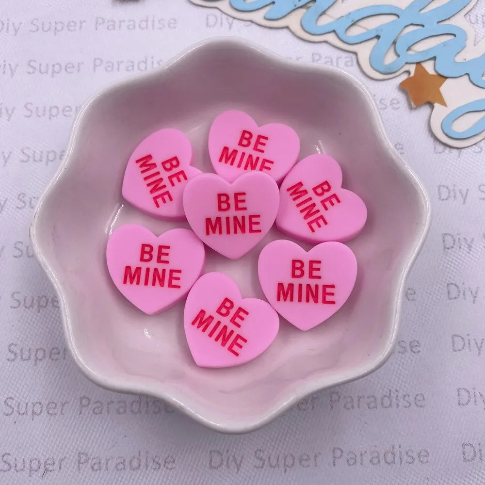 Resin Heart "BE MINE" Flat Back Cabochons – 10pcs DIY Crafts