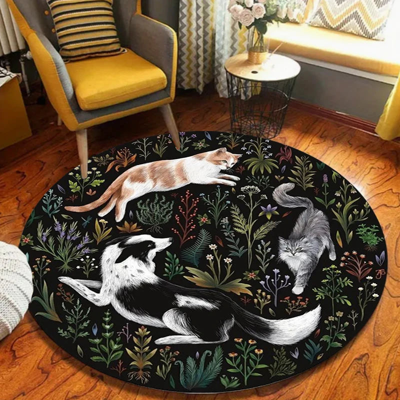 Vintage Boho Round Area Rug – Cat & Dog Botanical Print