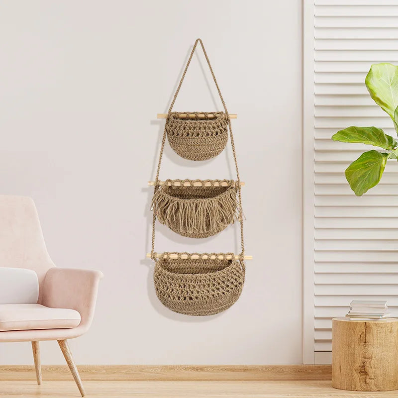 3-Tier Bohemian Hemp Rope Wall Hanging Fruit Mesh Basket