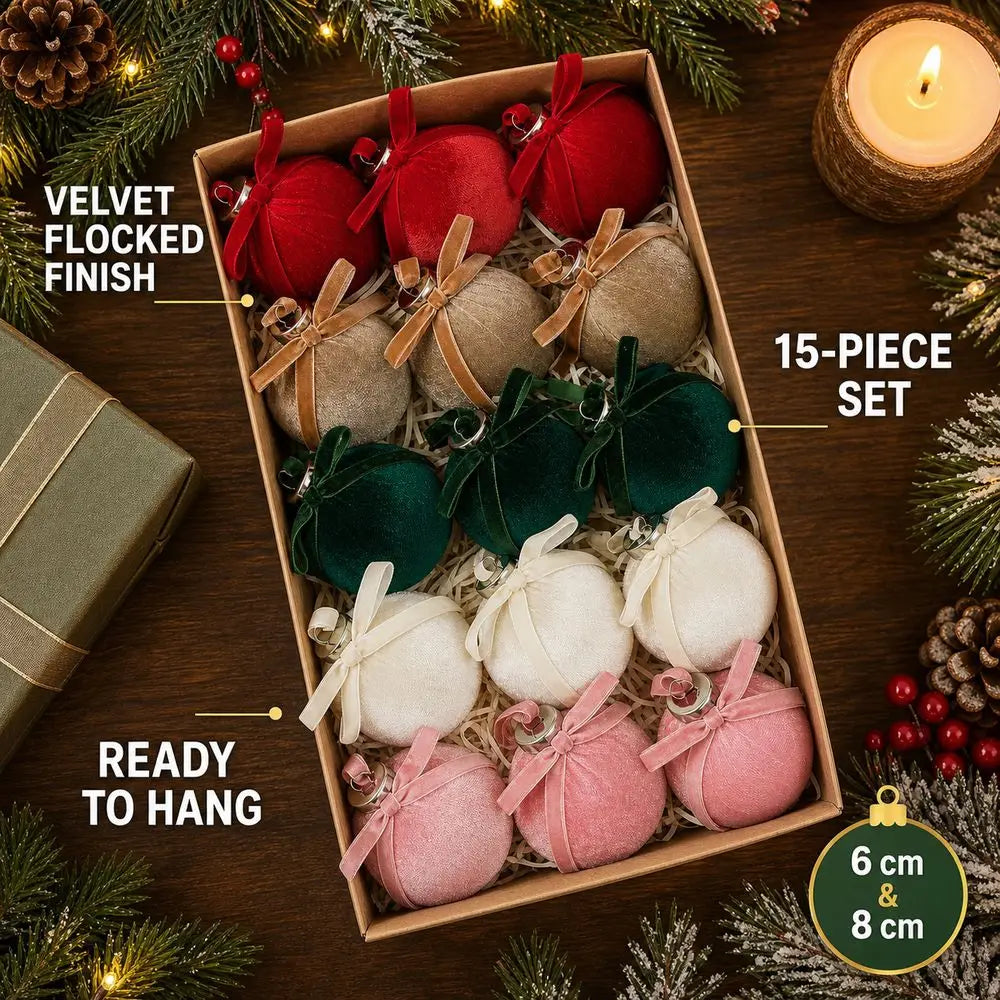 15-Pack Velvet Christmas Ball Ornaments with Ribbon Bow