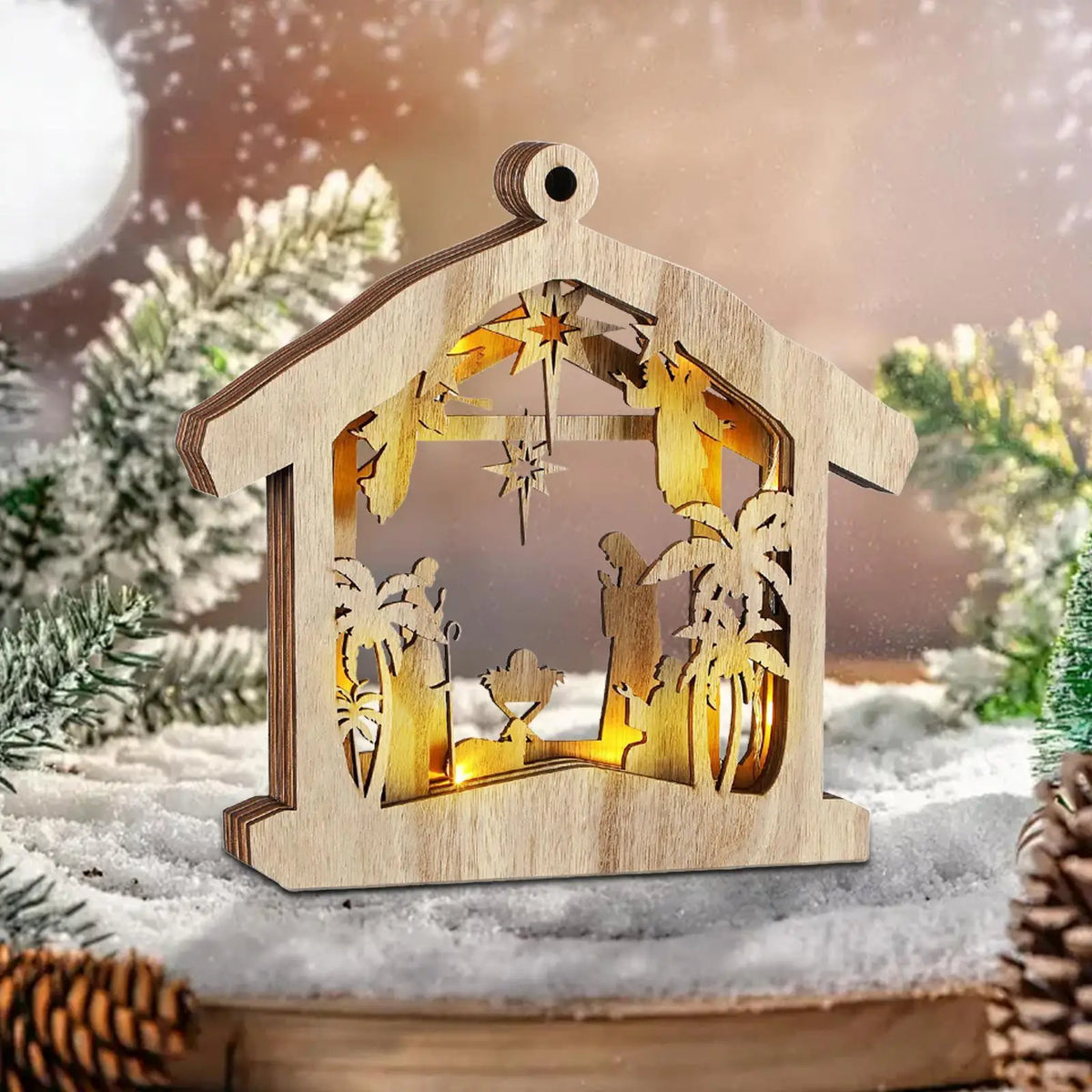 Wooden Nativity Scene Ornament with Warm LED Light