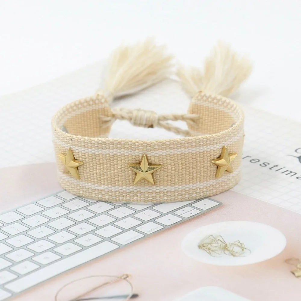 Bohemian Hand Woven Tassel Bracelet – Adjustable Star Rivet