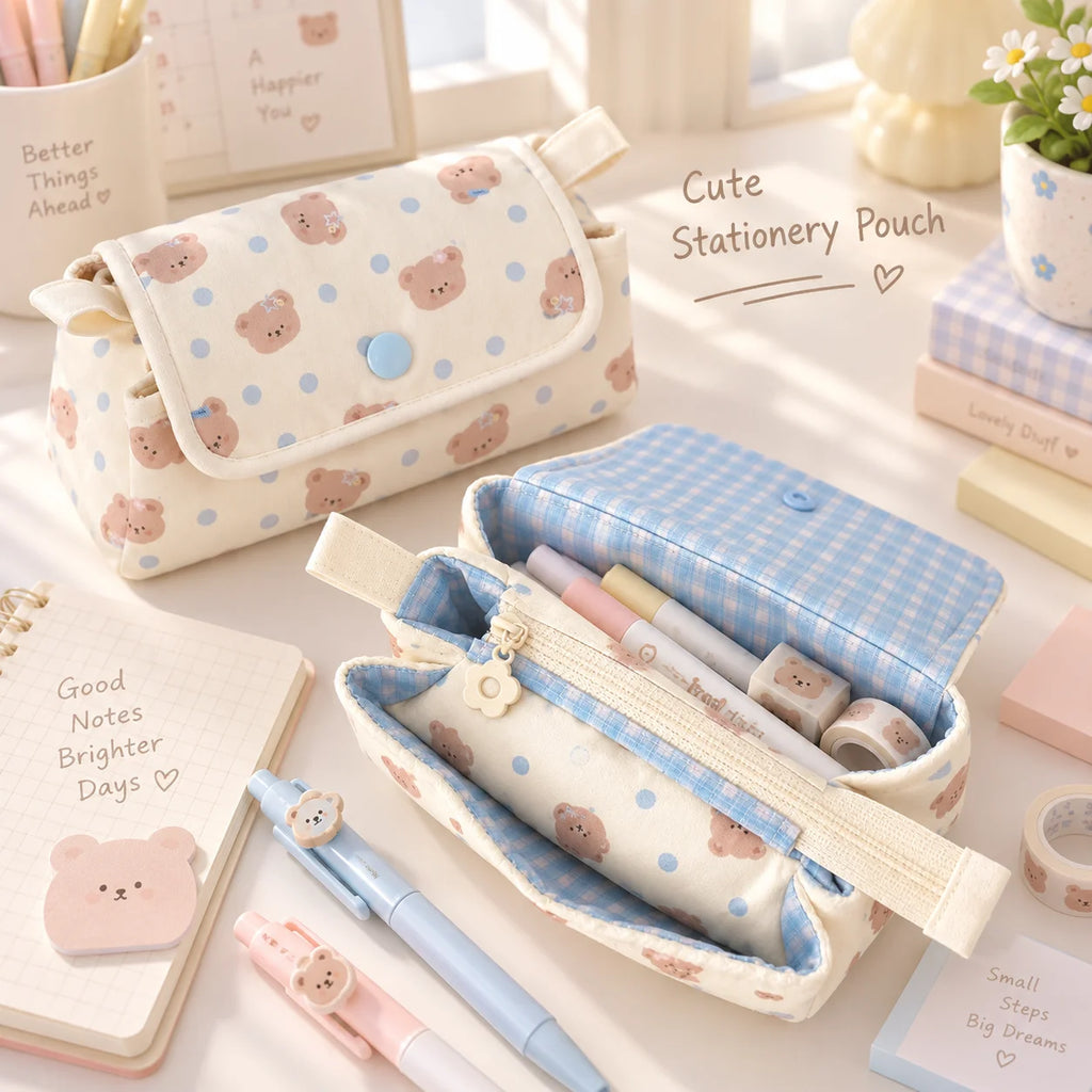 Cute Bear 3-Layer Pencil Case – Large Capacity Fabric Pouch