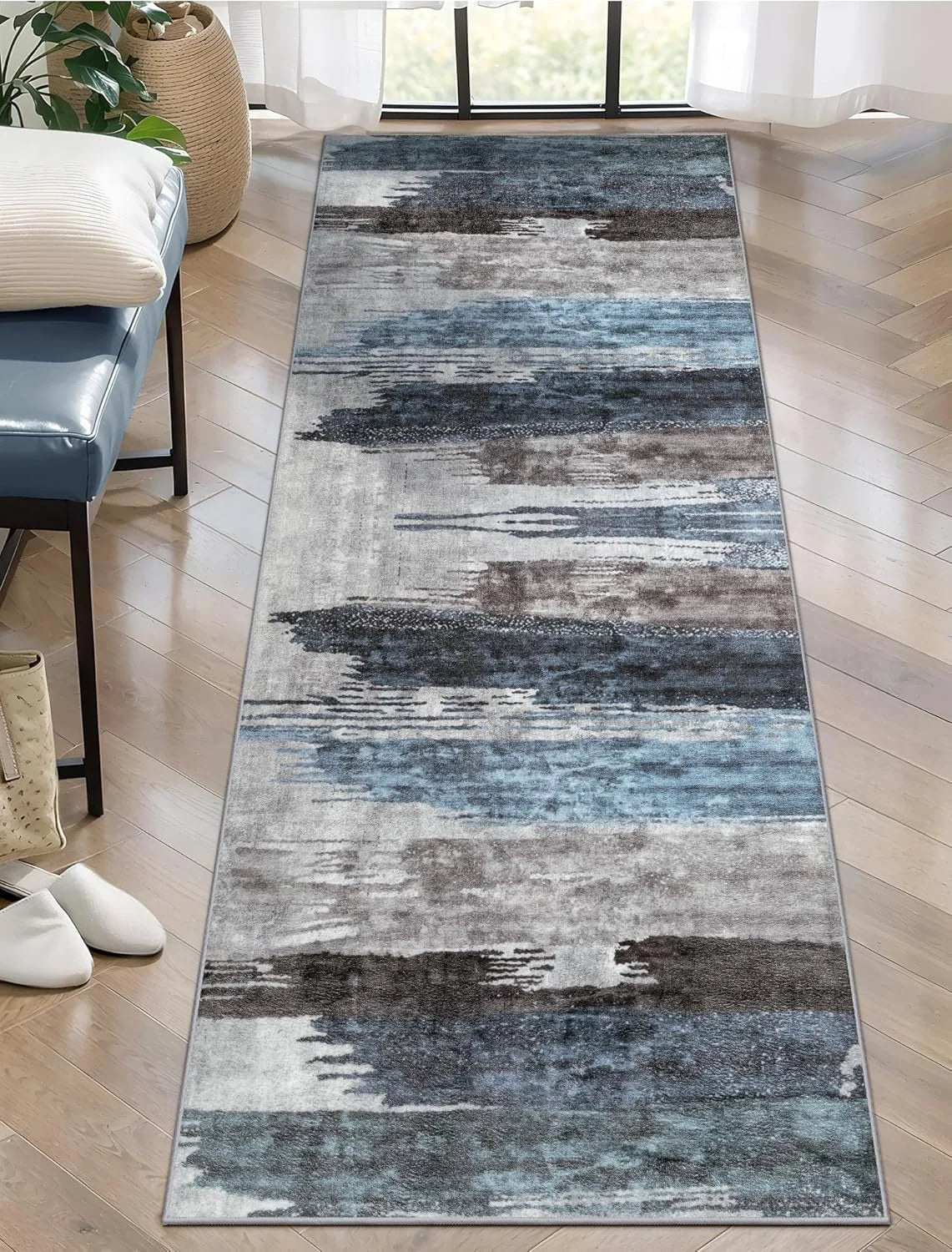 Modern Abstract Runner Rug – Blue Grey Washable Floor Mat