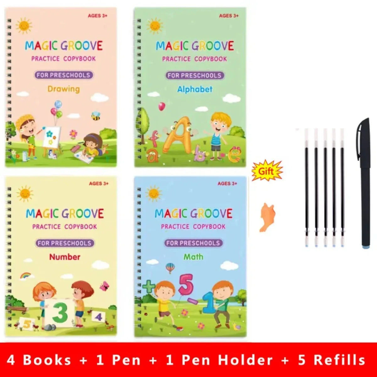 4-Pack Reusable Magic Groove Copybook – Kids Handwriting Set