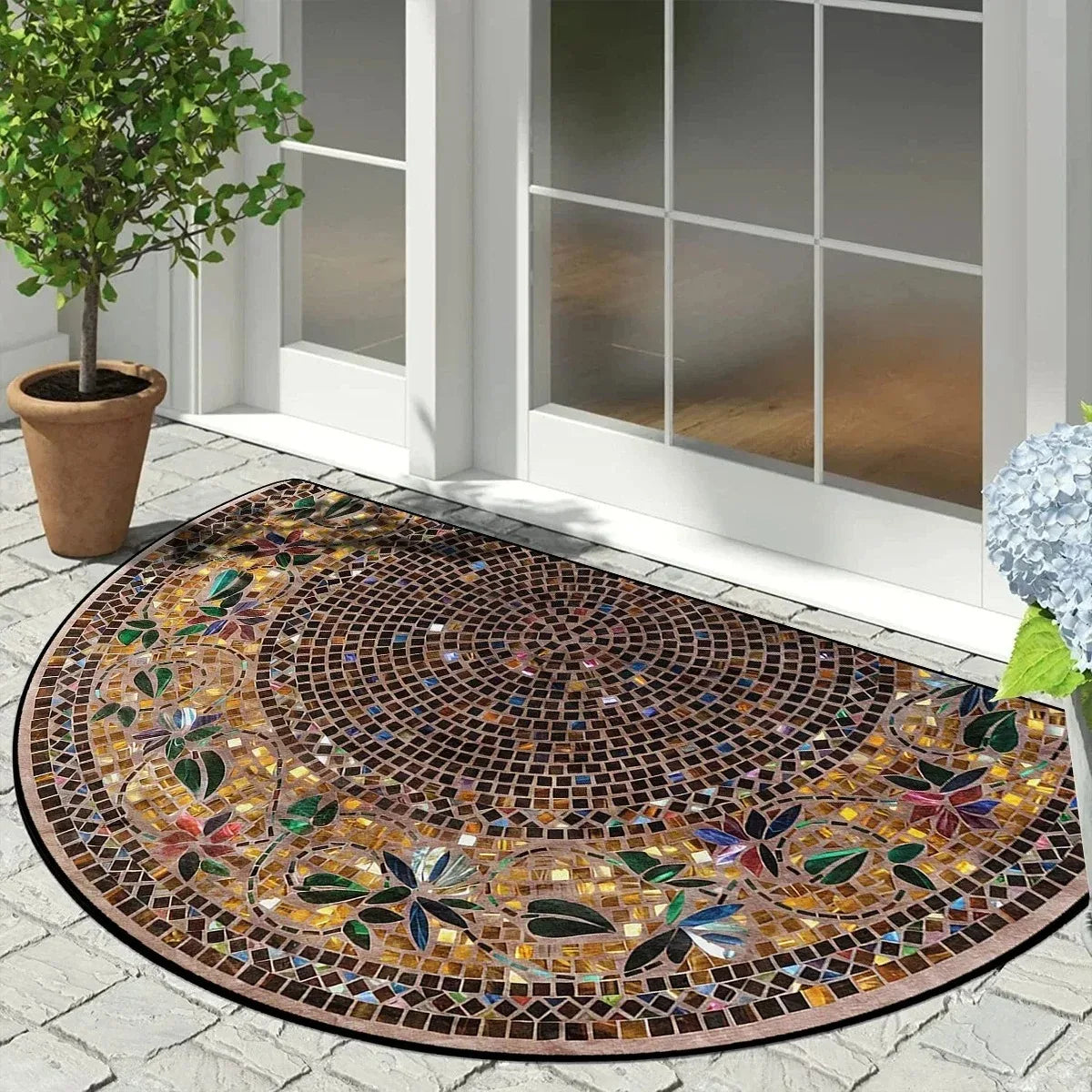Vintage Mosaic Half Round Doormat – Non-Slip Entry Rug