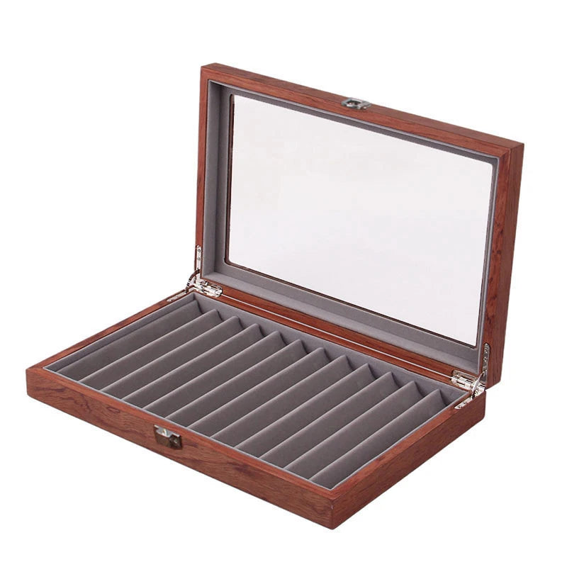 Wood & Glass Pen Display Case – 12-Pen Organizer Box with Lid