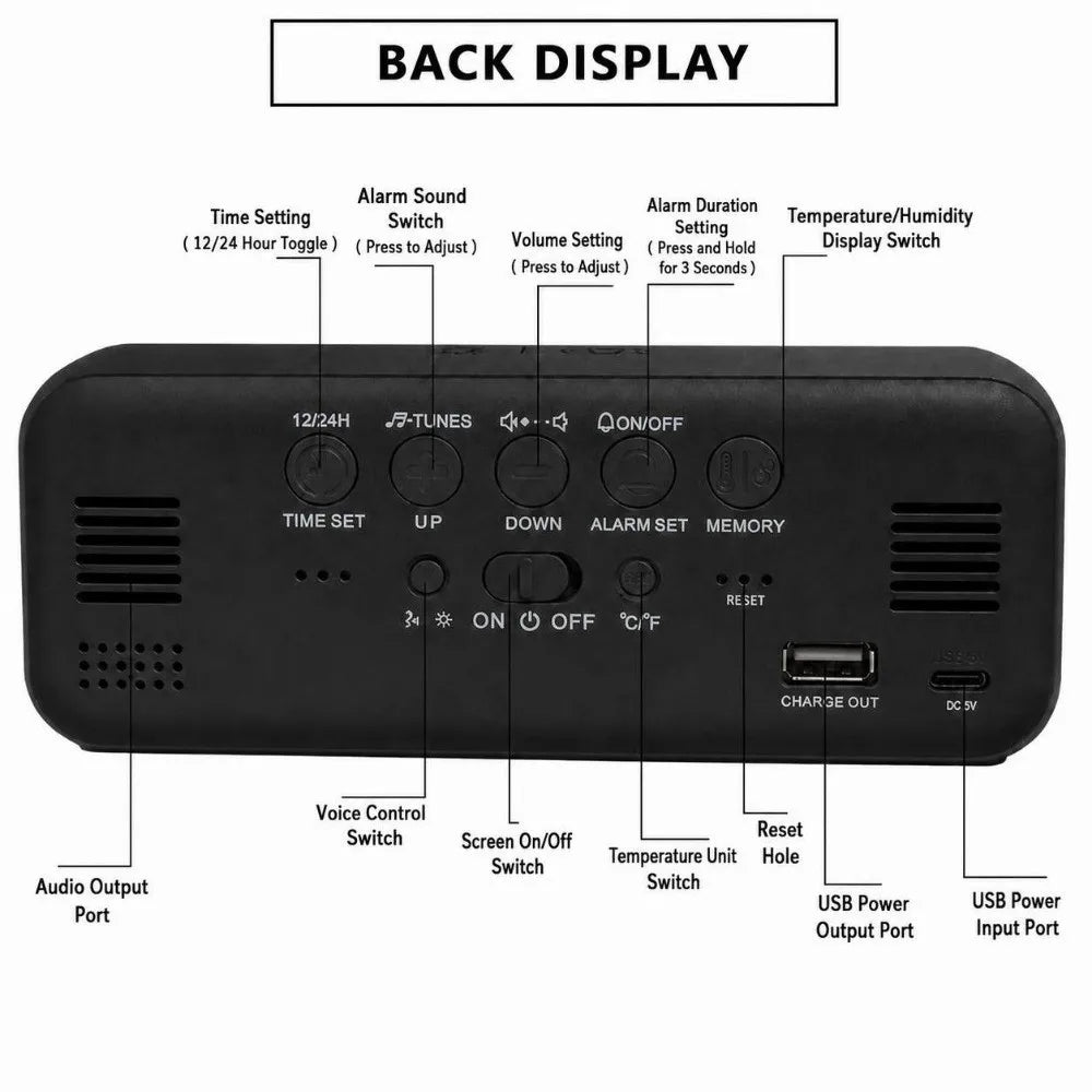 LED Digital Alarm Clock – USB-C, Temperature & Mirror Display