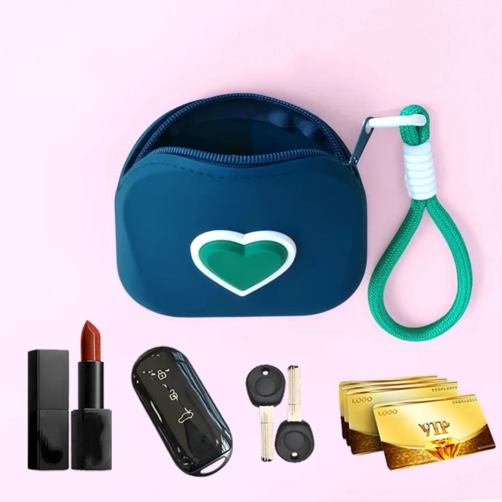 Heart Silicone Coin Purse with Lanyard – Mini Key & Earbud Pouch