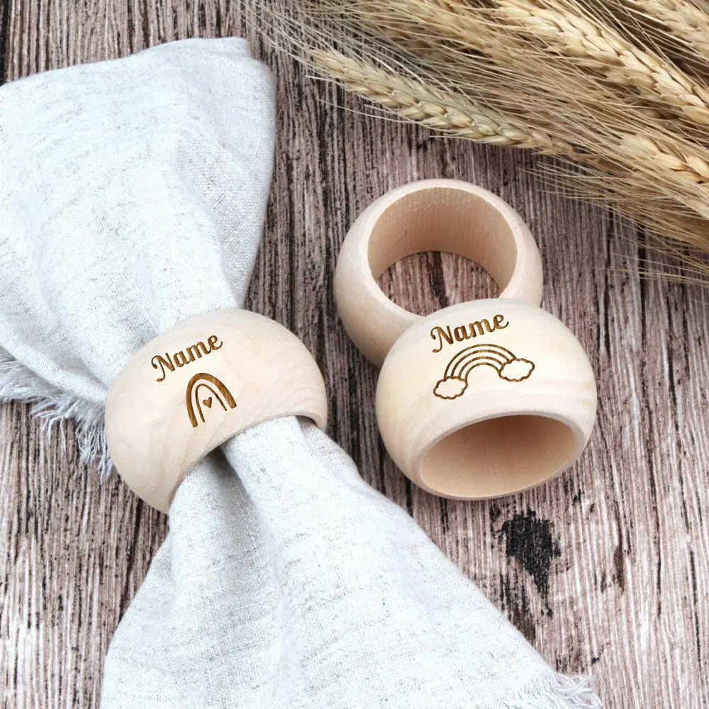 Personalized Rainbow Wooden Napkin Rings – Custom Name Gift