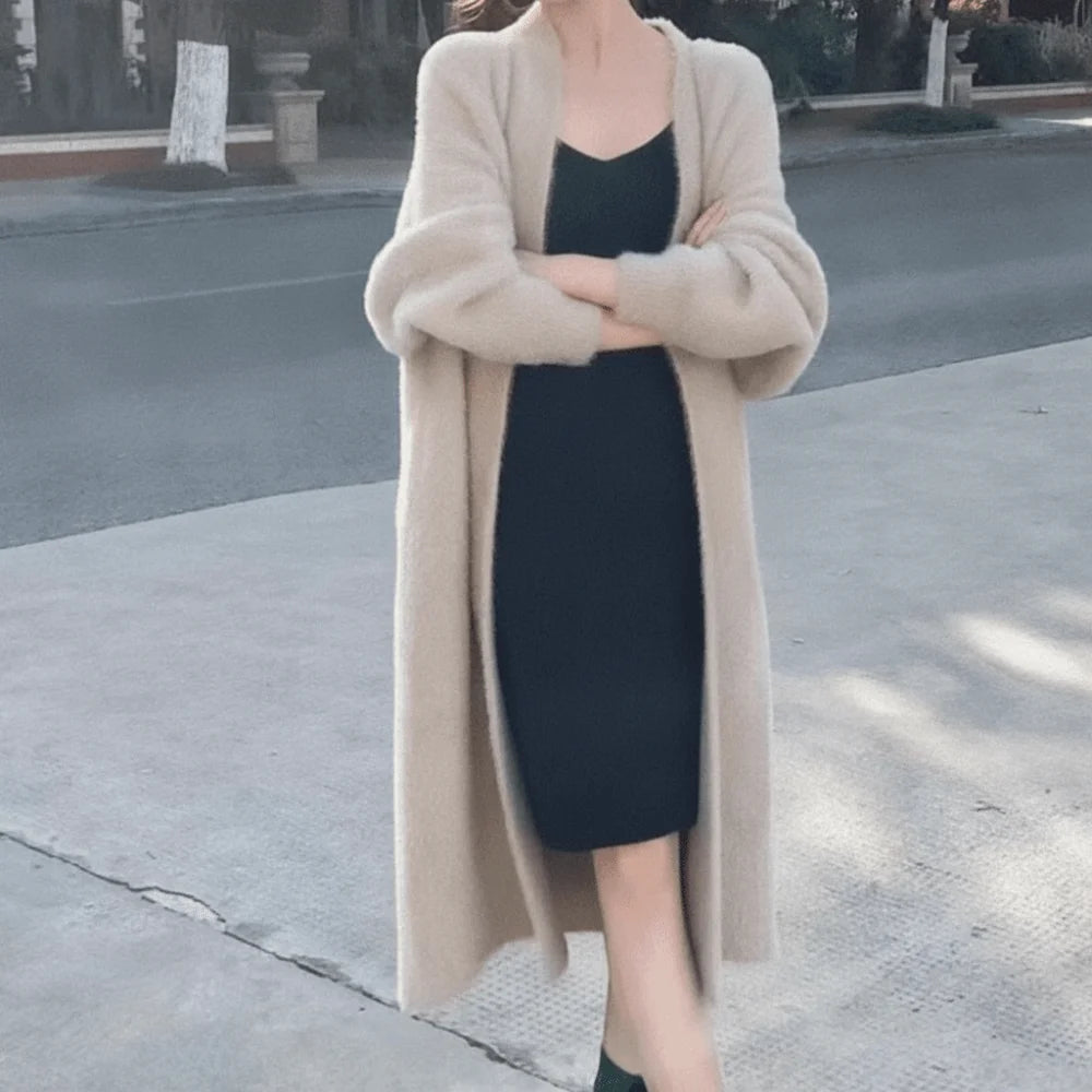 Women's Long Fuzzy Open Front Cardigan – Cozy Knit Coat